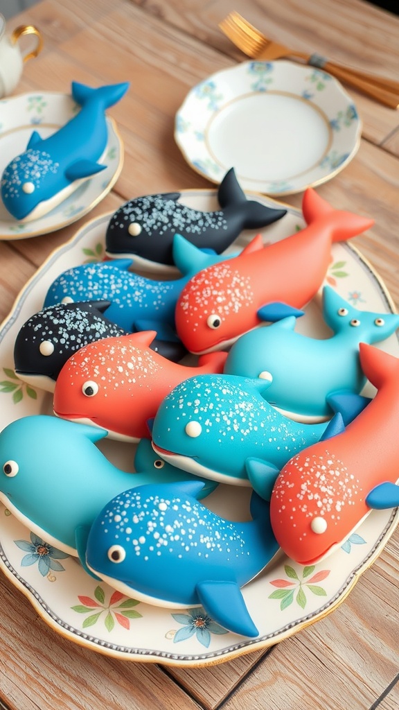 Colorful baked kujira art displayed on a platter, decorated with icing and edible glitter.